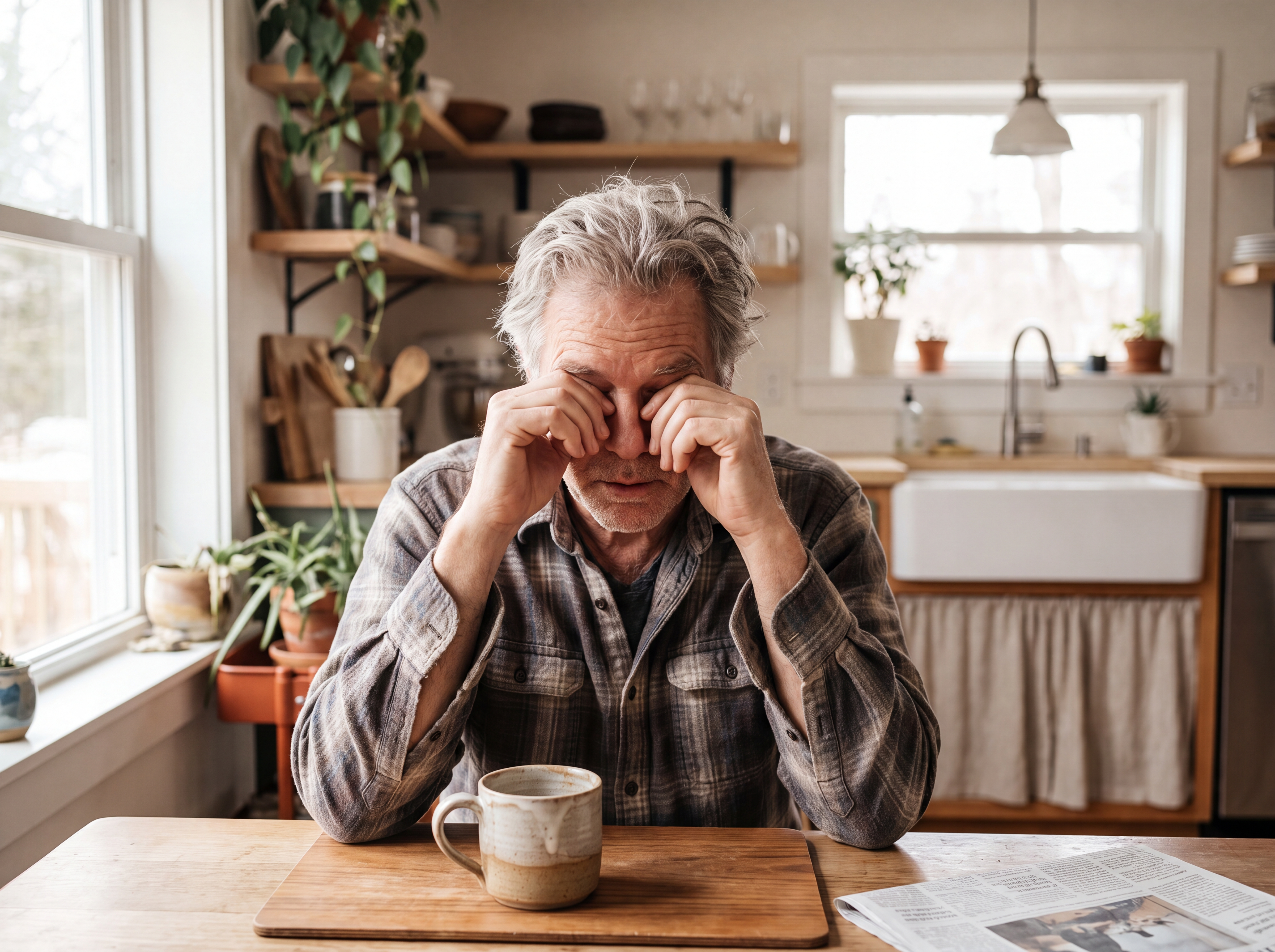 Tired man rubbing his eyes at the kitchen table