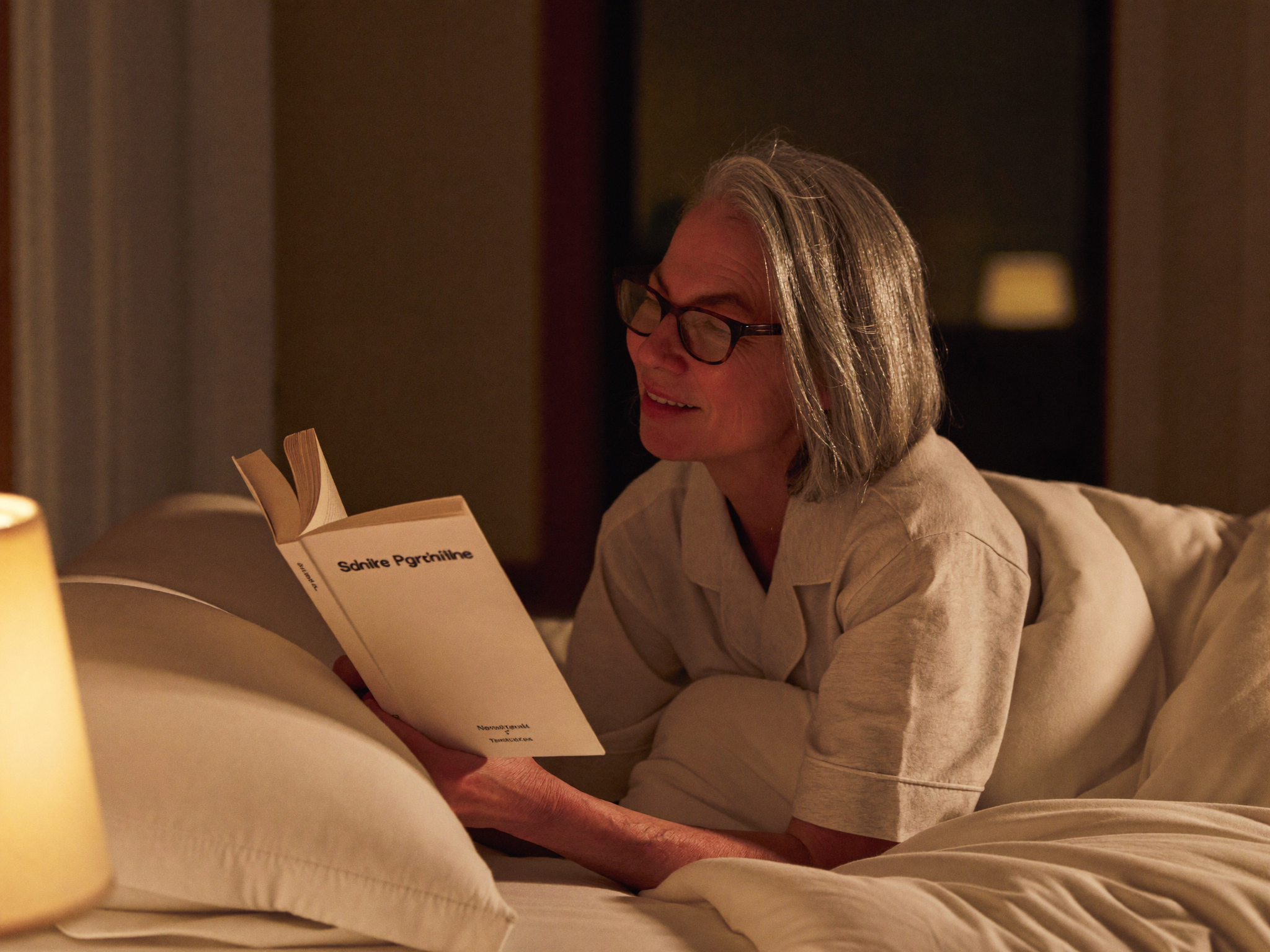 A woman in her 60s relaxing in bed before sleep